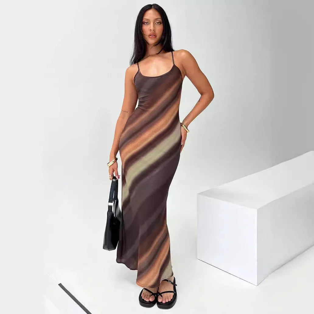 Robe longue marron dégradé bretelles fines fluide soirée