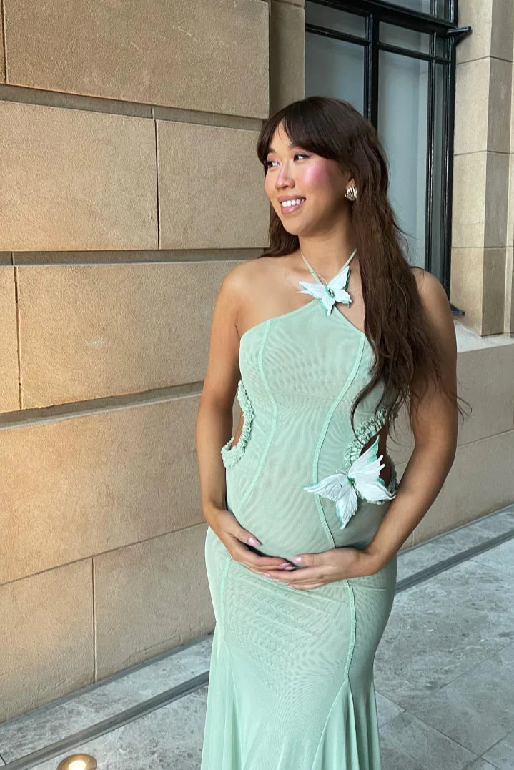 Robe Longue Femme Verte Découpée Motif Papillon | ROBEMODE