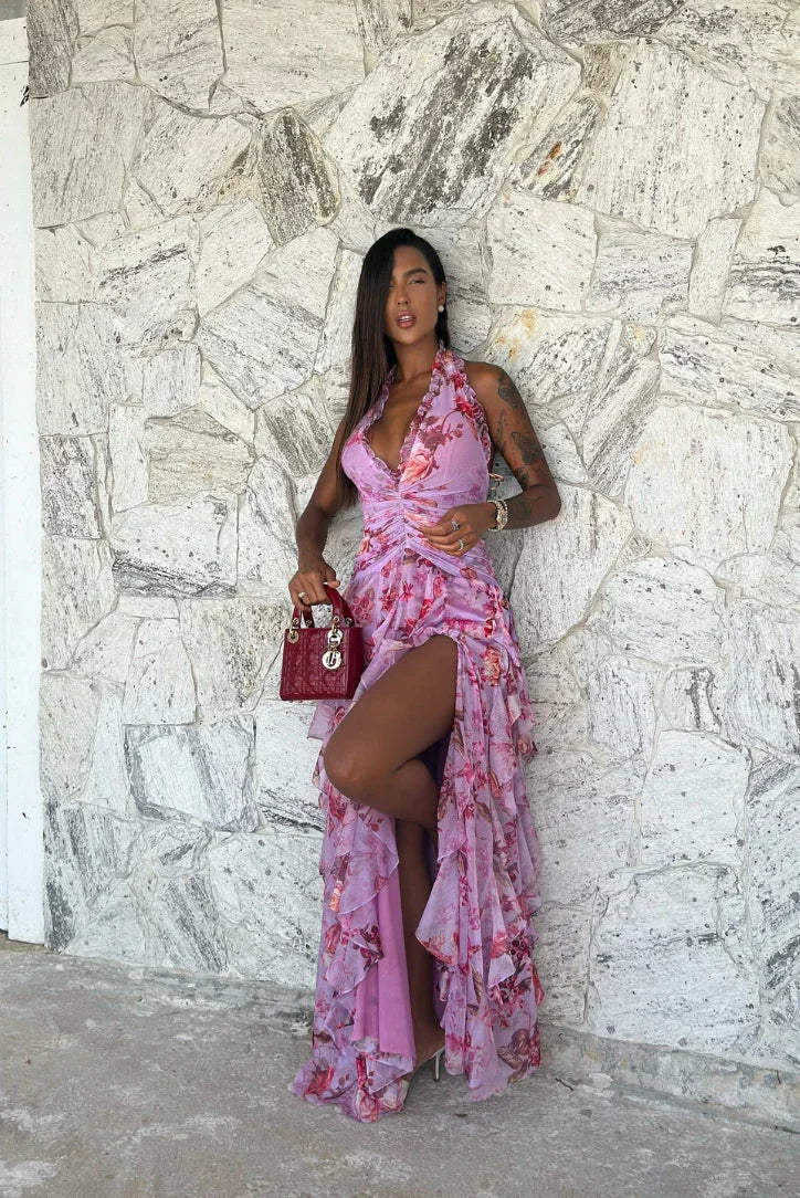 Robe longue violette fleurie à volants femme | ROBEMODE