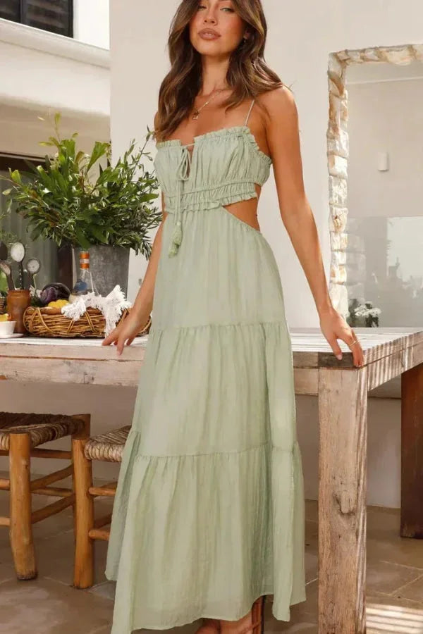 Robe longue été femme dos nu détails volantés