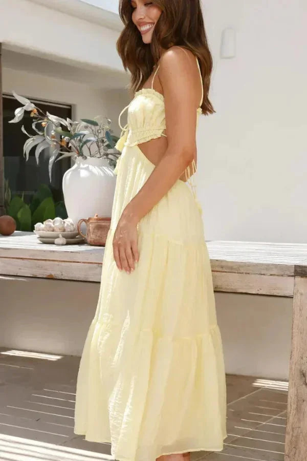 Robe longue été femme dos nu détails volantés