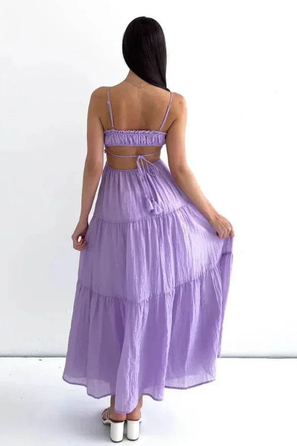 Robe longue été femme dos nu détails volantés