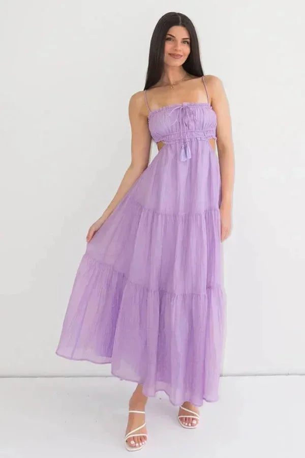 Robe longue été femme dos nu détails volantés