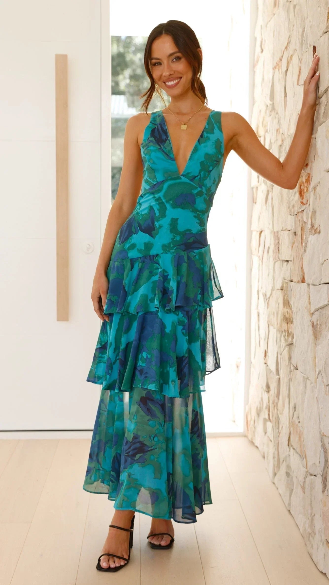 Robe Longue Femme Volants Imprimés Sans Manches Maxi Été | ROBEMODE
