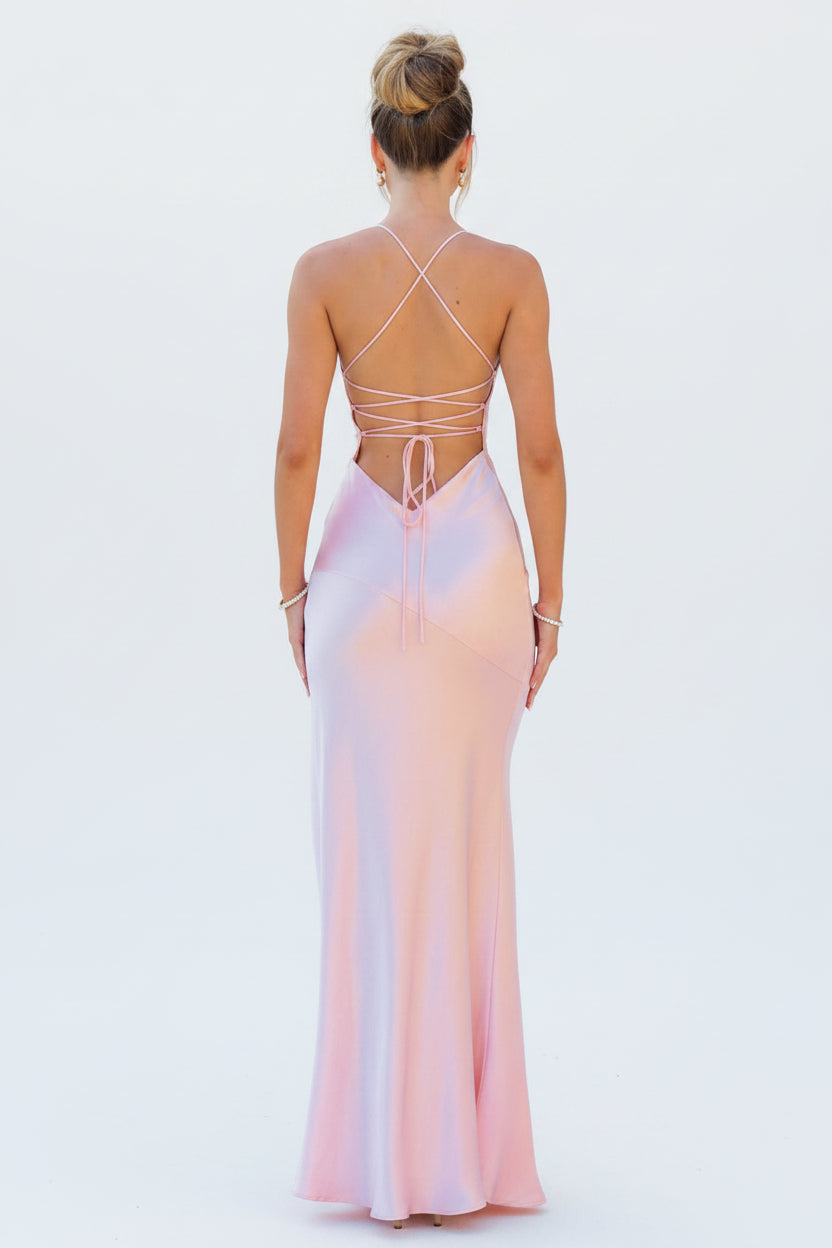 Robe Longue Satinée Soirée Col V Bretelles Fines Fendue | ROBEMODE