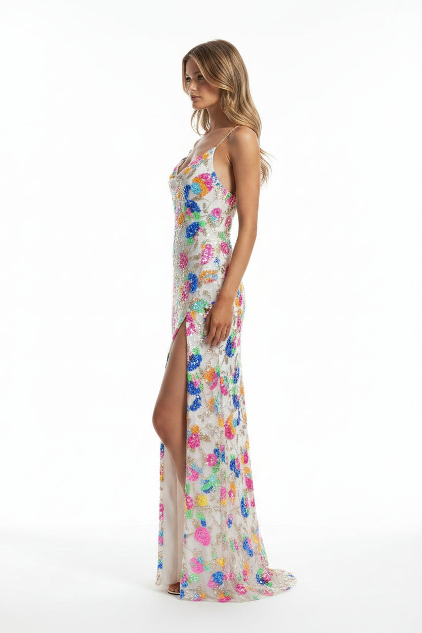 Robe longue fleurie fente bretelles fines femme | ROBEMODE