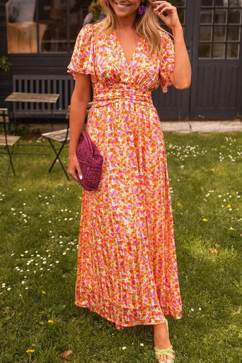 Robe Longue Femme Imprimée Manches Courtes Col V Été 1 Coloris | ROBEMODE