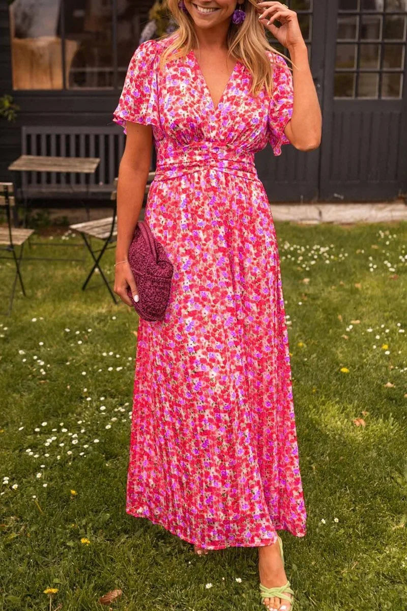 Robe Longue Femme Imprimée Manches Courtes Col V Été 1 Coloris | ROBEMODE