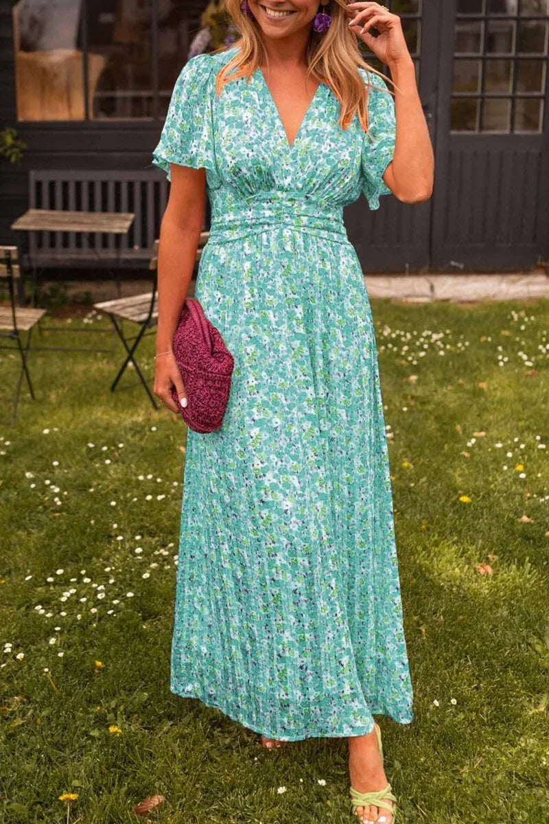 Robe Longue Femme Imprimée Manches Courtes Col V Été 1 Coloris | ROBEMODE
