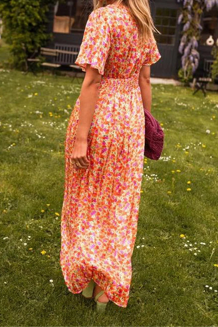 Robe Longue Femme Imprimée Manches Courtes Col V Été 1 Coloris | ROBEMODE