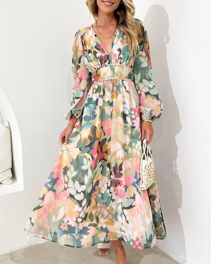 Robe longue femme imprimée florale pastel manches longues | ROBEMODE