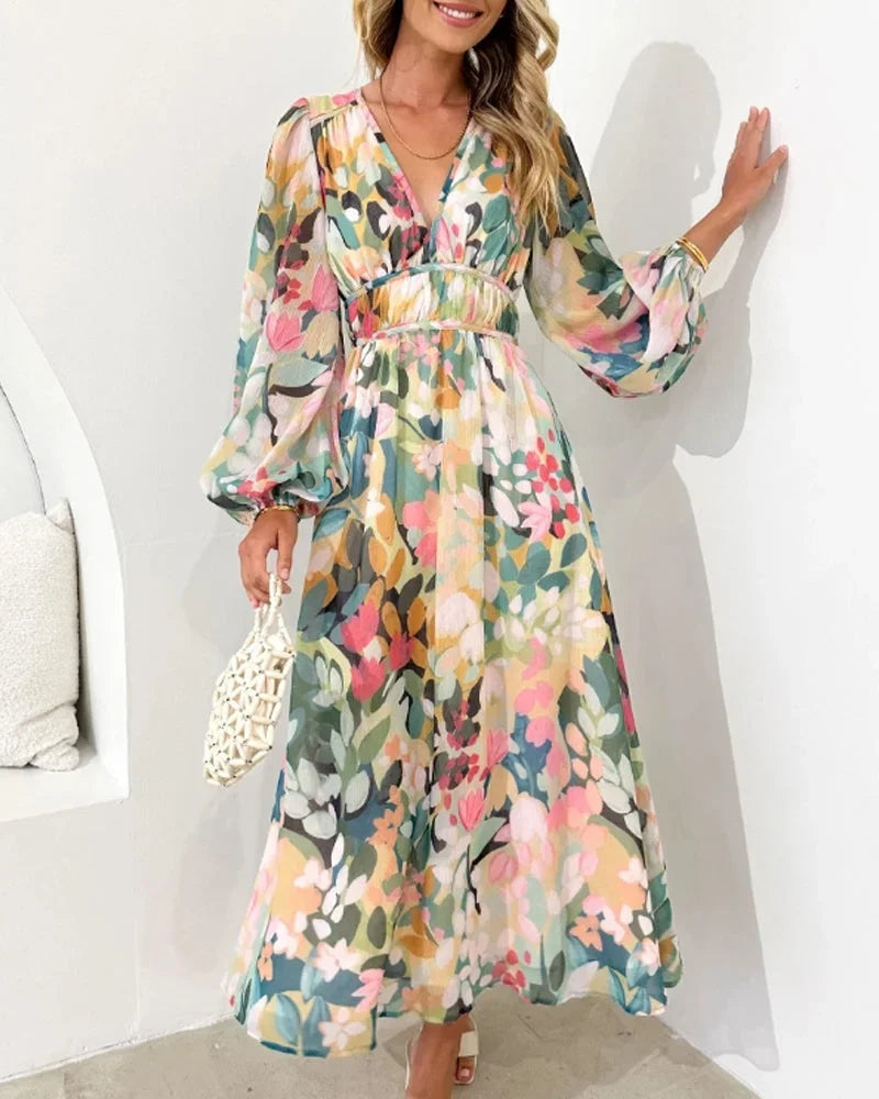 Robe longue femme imprimée florale pastel manches longues | ROBEMODE