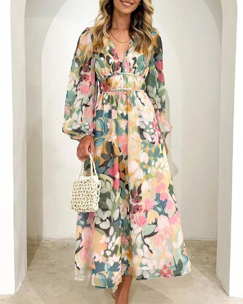 Robe longue femme imprimée florale pastel manches longues | ROBEMODE