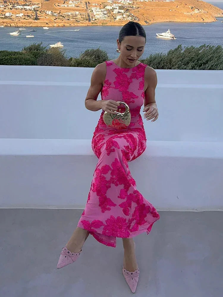 Robe Longue Florale Rose Sans Manches Motifs Éclatants | ROBEMODE