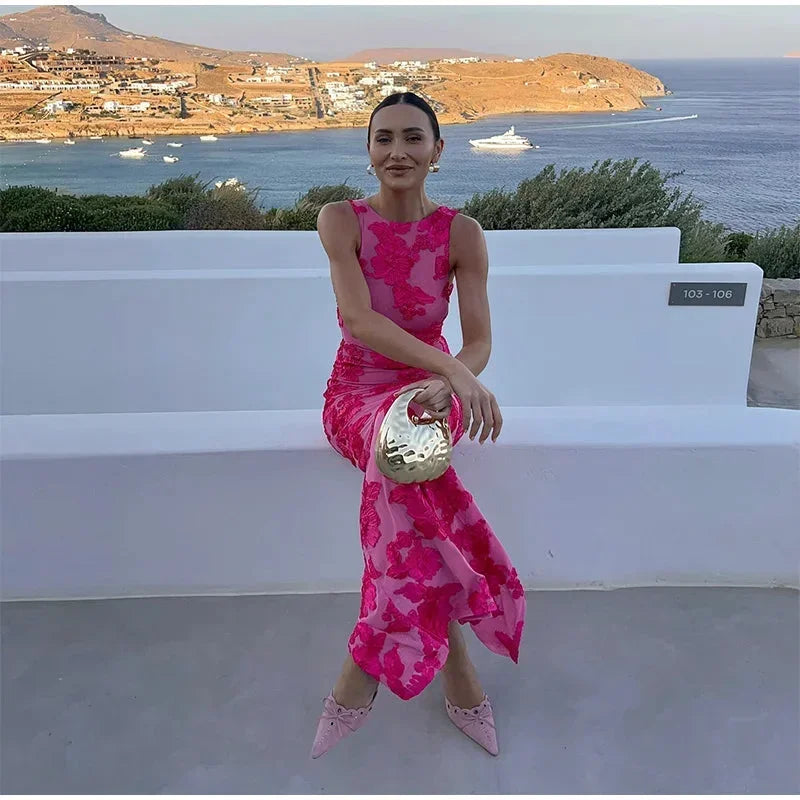 Robe Longue Florale Rose Sans Manches Motifs Éclatants | ROBEMODE