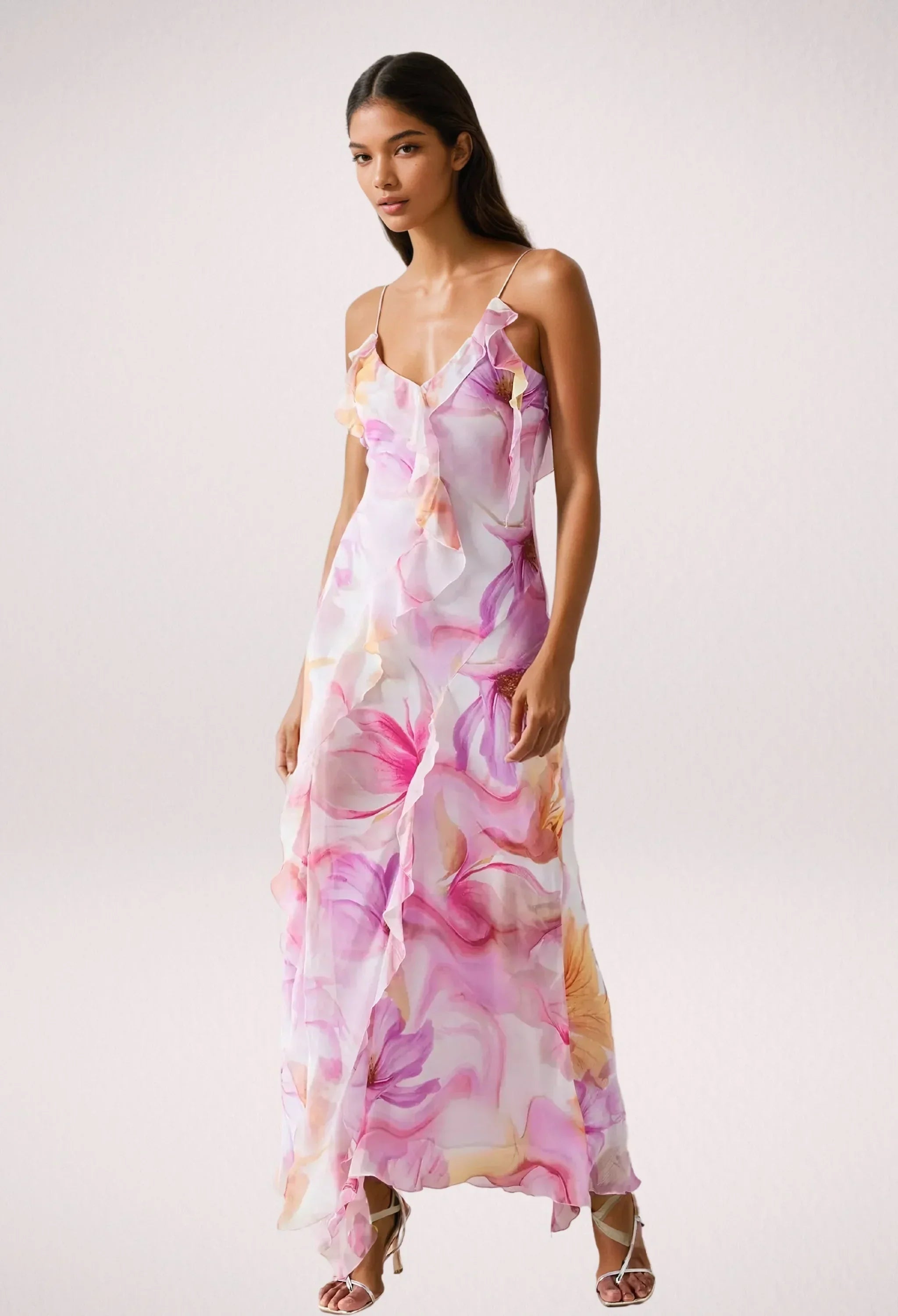 Robe longue femme rose à fleurs avec volants été | ROBEMODE