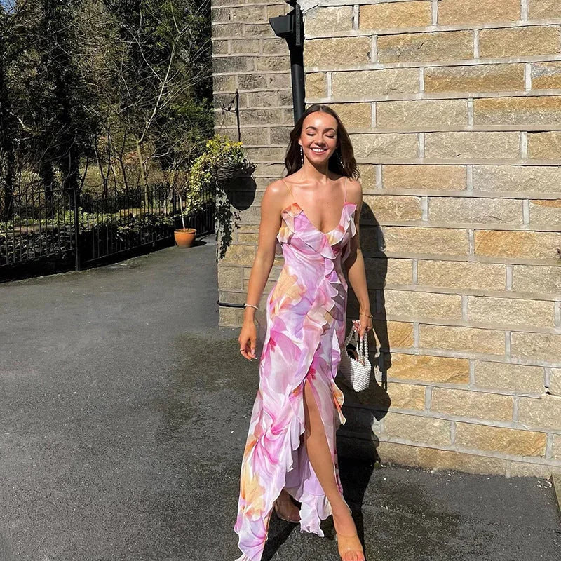 Robe longue femme rose à fleurs avec volants été | ROBEMODE