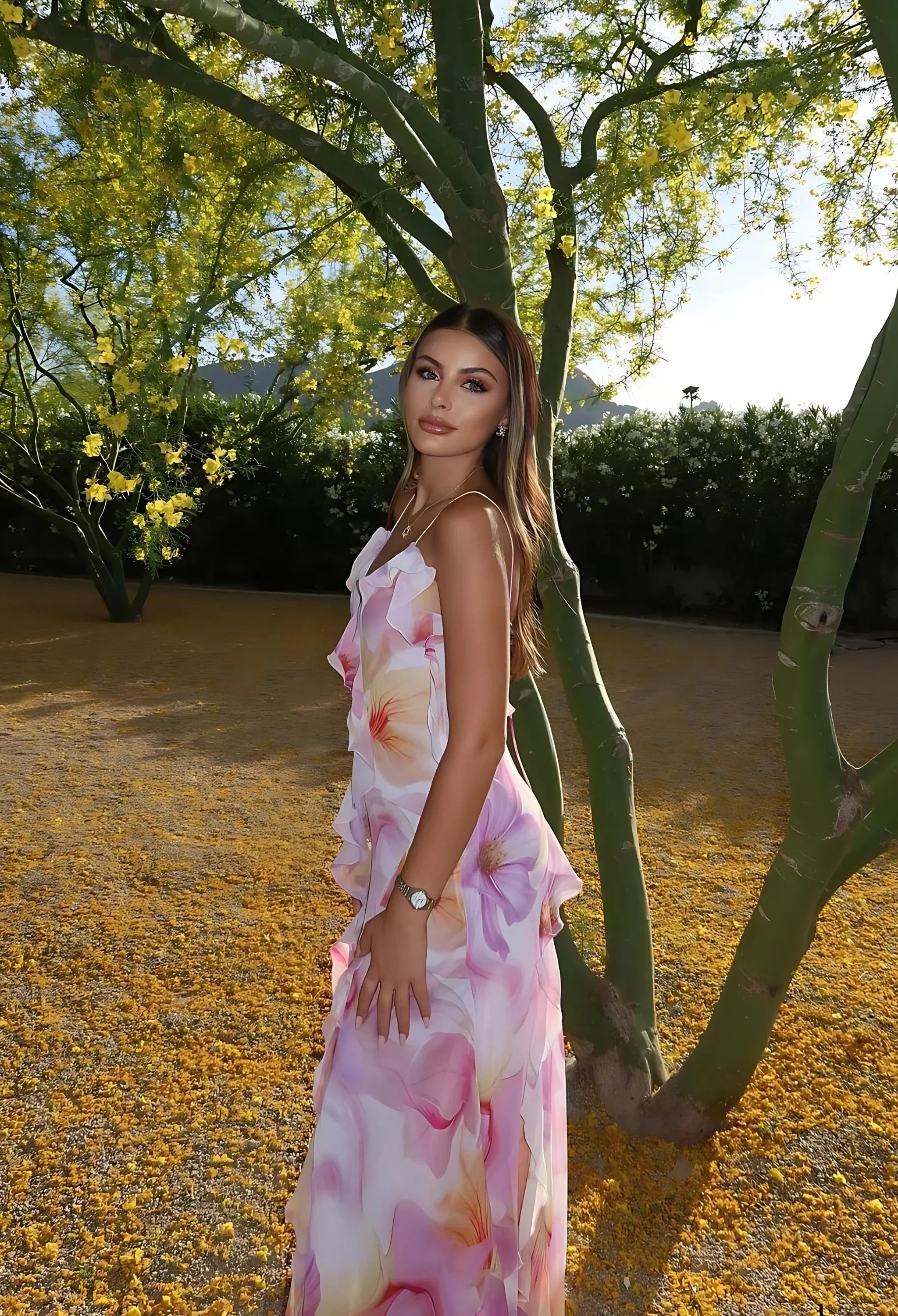 Robe longue femme rose à fleurs avec volants été | ROBEMODE