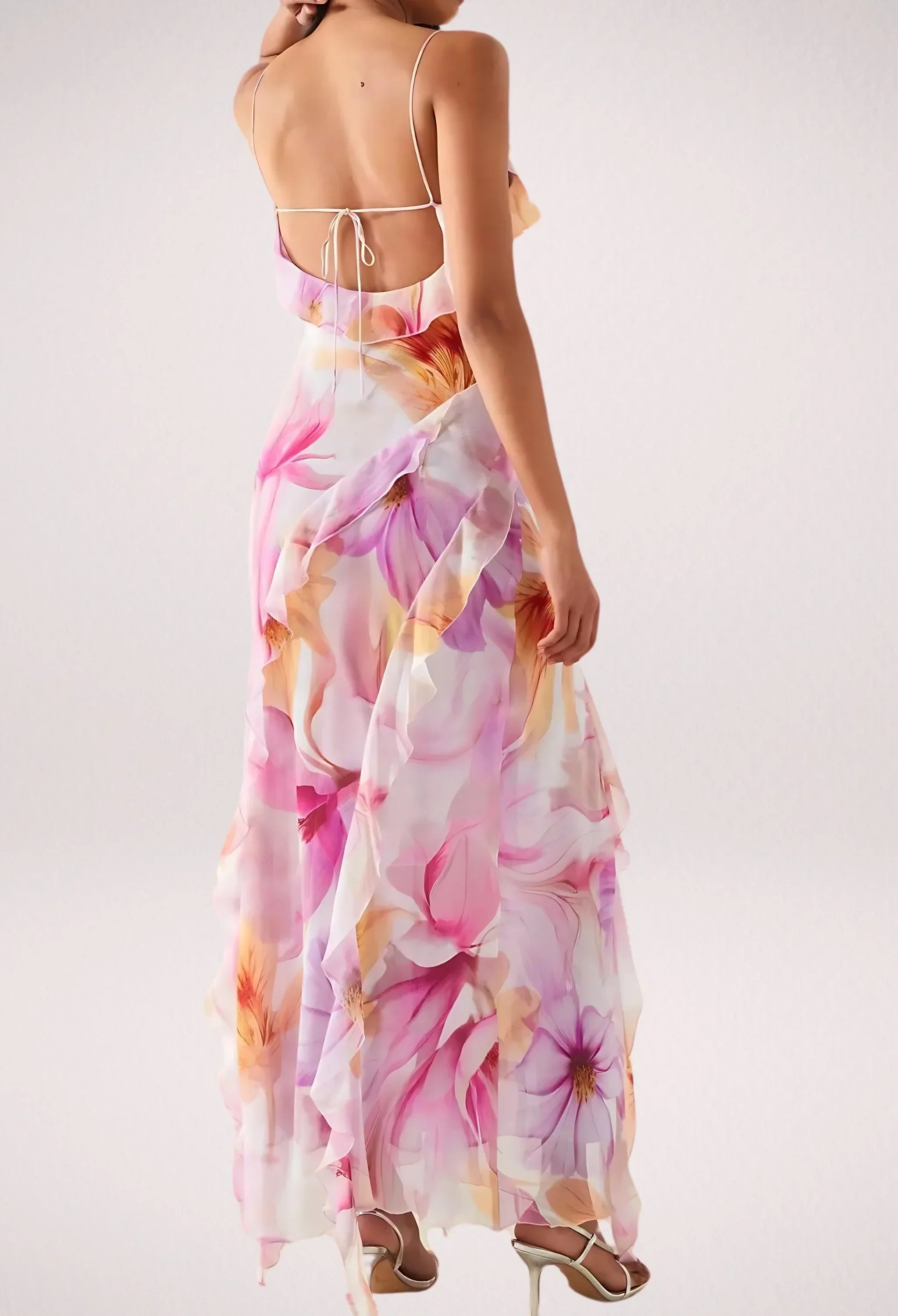 Robe longue femme rose à fleurs avec volants été | ROBEMODE