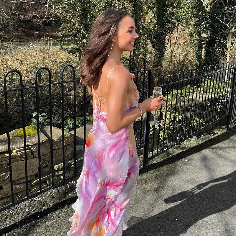 Robe longue femme rose à fleurs avec volants été | ROBEMODE