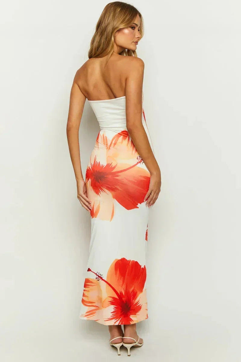 Robe longue femme sans bretelles imprimé floral orange | Coupe féminine + Style élégant + Facile à accessoiriser – ROBEMODE