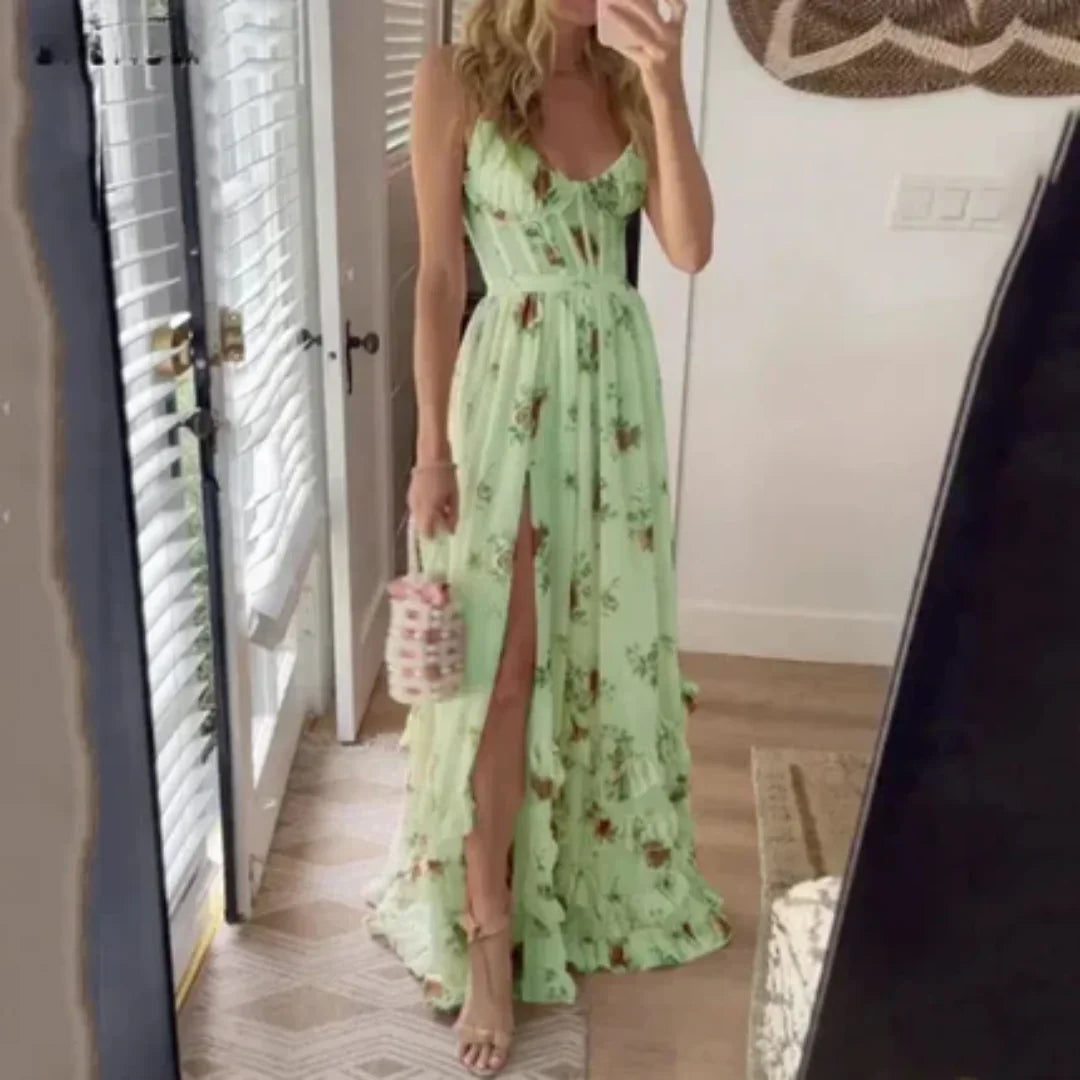 Robe longue fleurie fente et décolleté femme | ROBEMODE