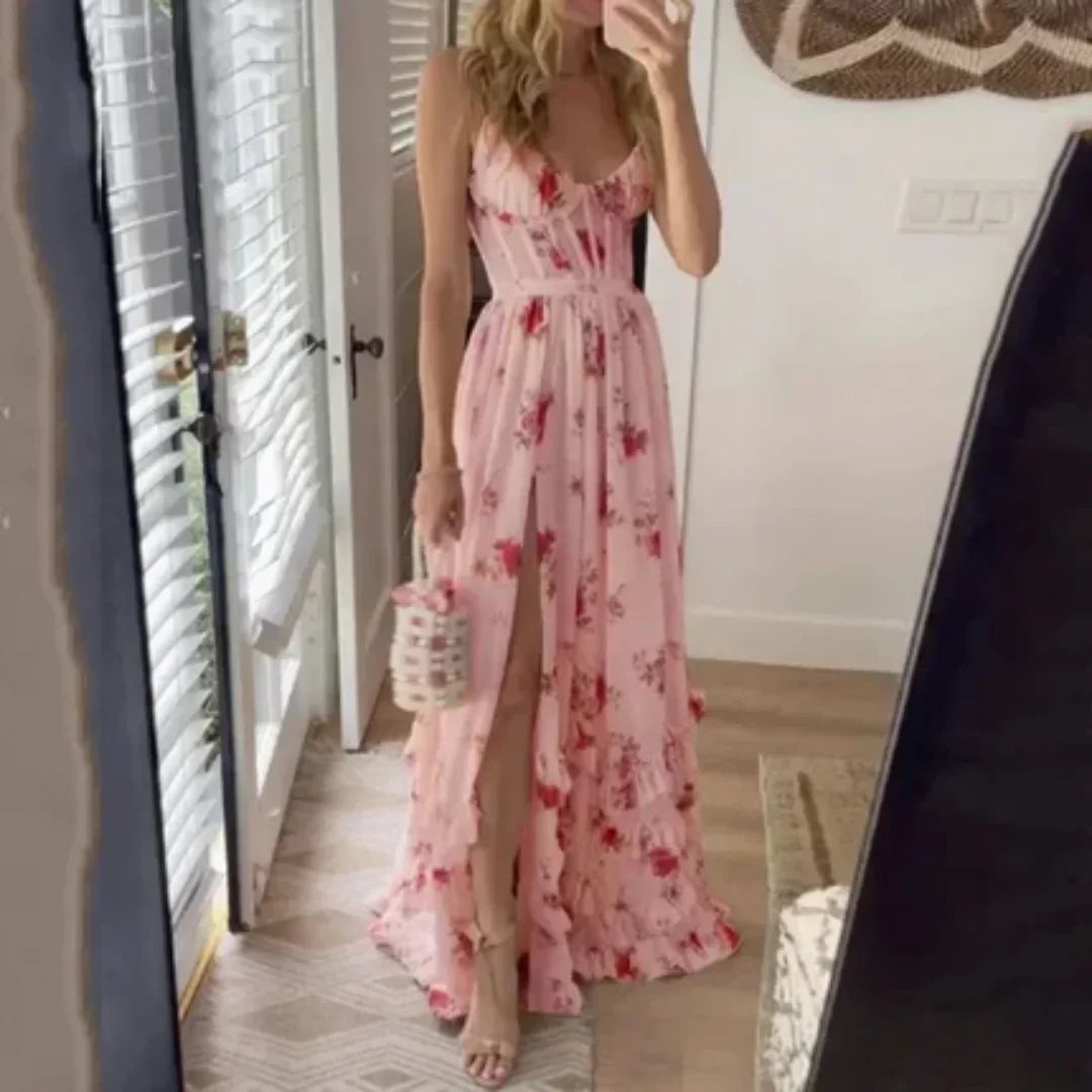 Robe longue fleurie fente et décolleté femme | ROBEMODE