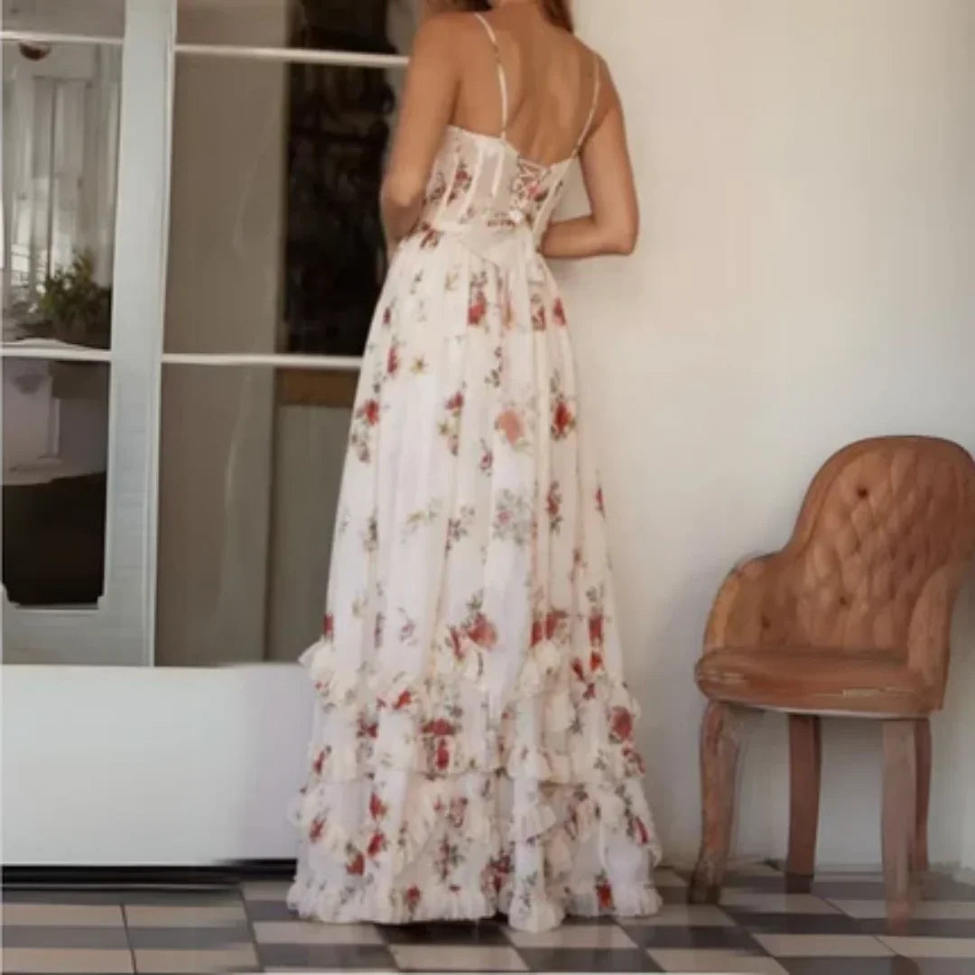 Robe longue fleurie fente et décolleté femme | ROBEMODE