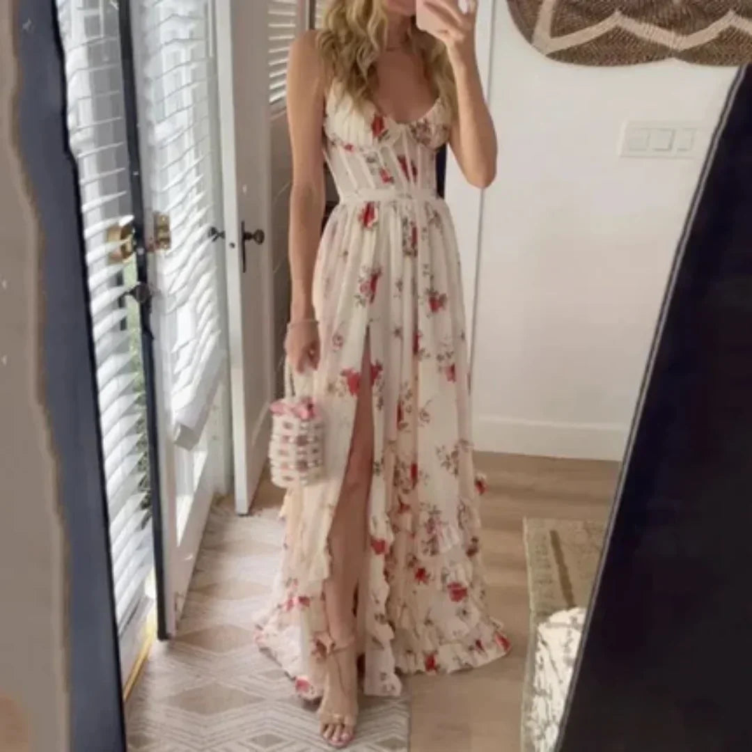Robe longue fleurie fente et décolleté femme | ROBEMODE