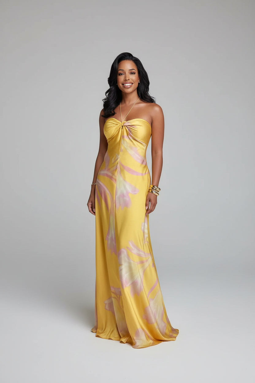 Robe longue femme jaune à fleurs épaules dénudées