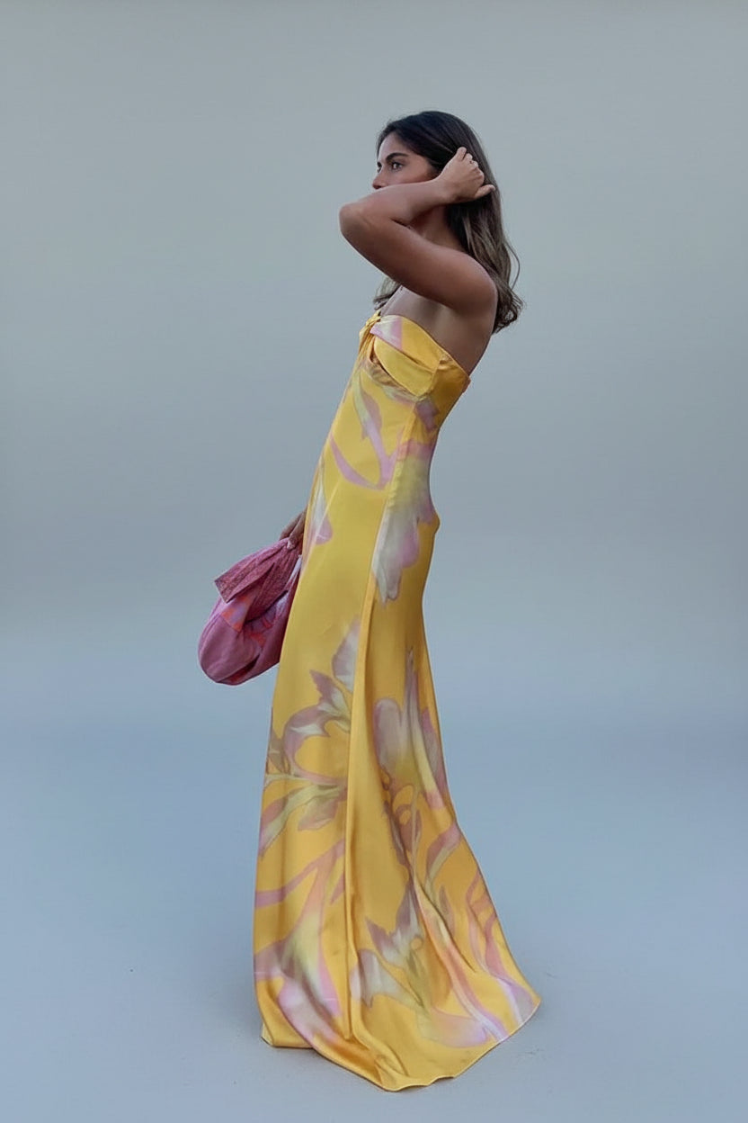 Robe longue femme jaune à fleurs épaules dénudées