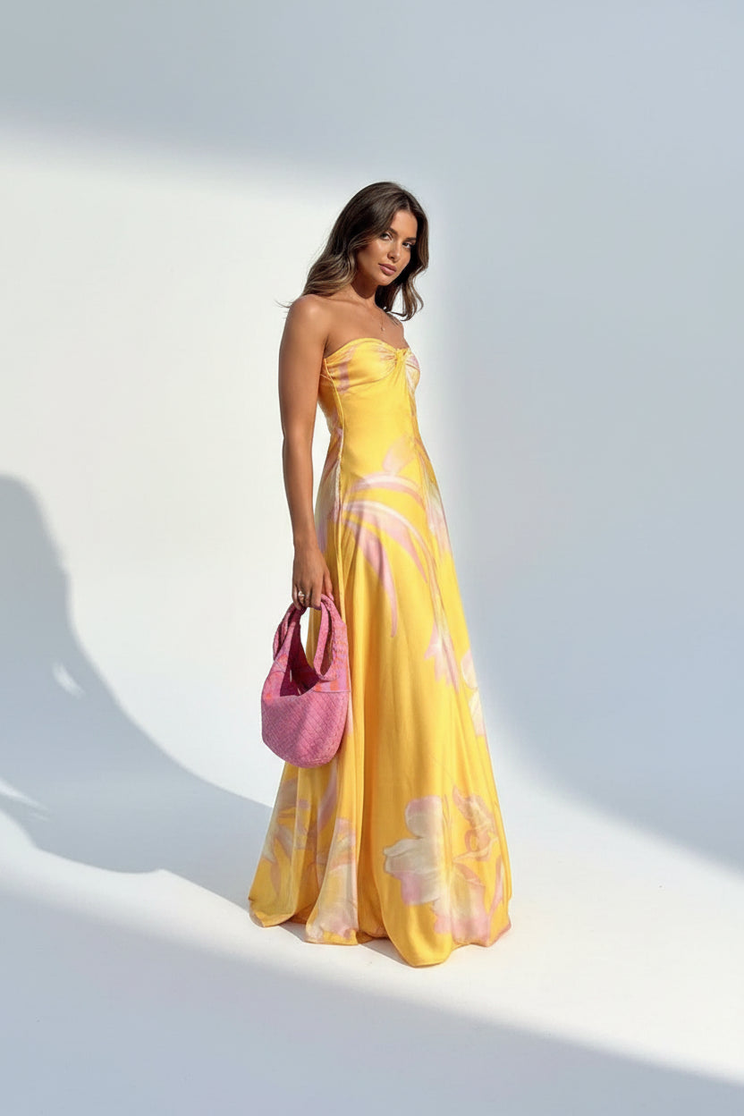 Robe longue femme jaune à fleurs épaules dénudées