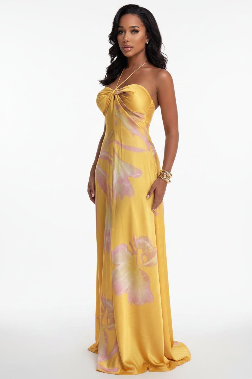Robe longue femme jaune à fleurs épaules dénudées