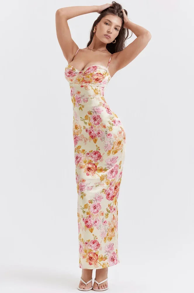 Robe longue fleurs pastel bretelles fines décolleté cœur | ROBEMODE