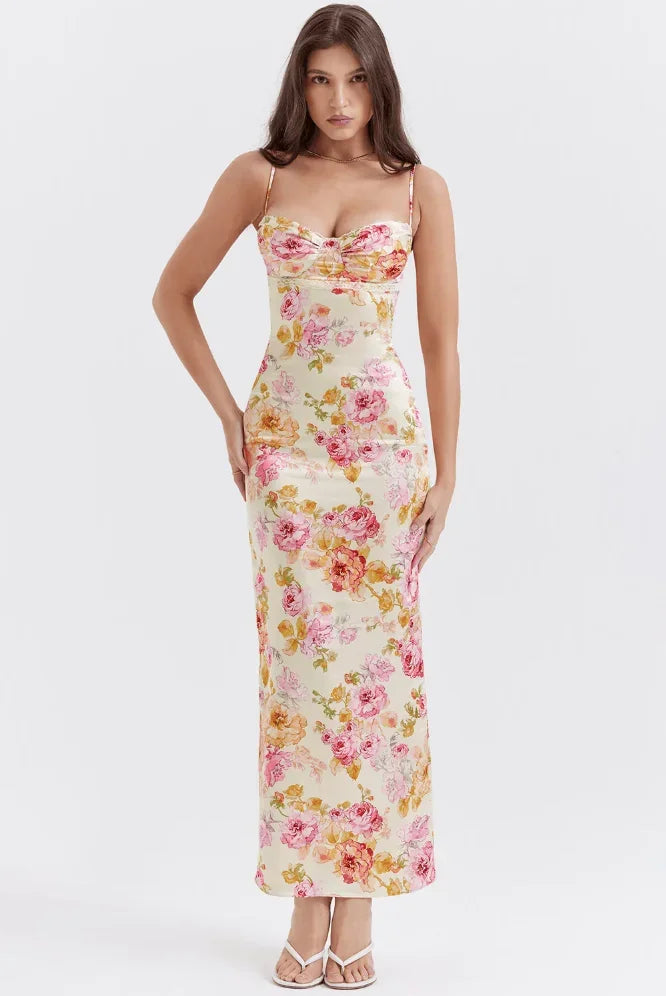 Robe longue fleurs pastel bretelles fines décolleté cœur | ROBEMODE
