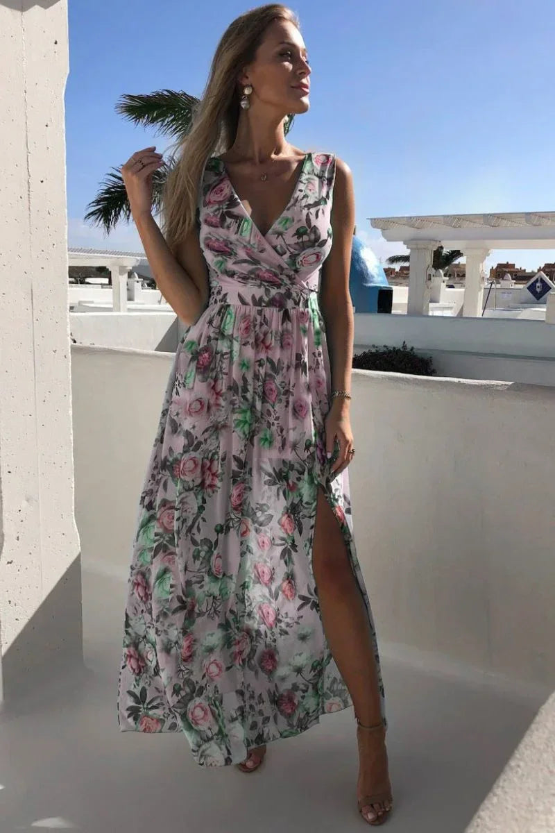 Robe Longue Sans Manches Fente Florale Été | ROBEMODE
