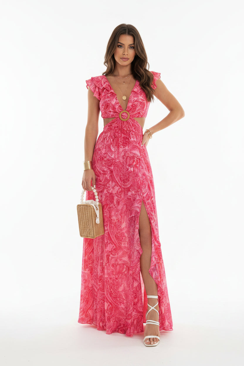 Robe Longue Florale Femme Découpes Col V Manches Courtes Été | ROBEMODE