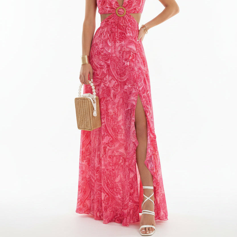 Robe Longue Florale Femme Découpes Col V Manches Courtes Été | ROBEMODE
