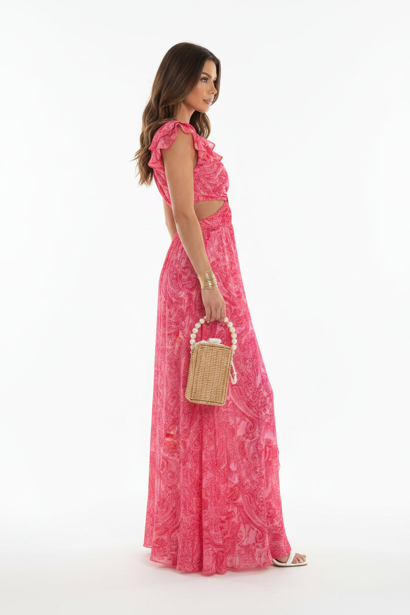 Robe Longue Florale Femme Découpes Col V Manches Courtes Été | ROBEMODE