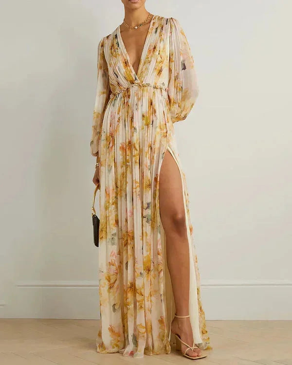 Robe Longue Florale Col V Manches Longues Plissées Fente Haute | Été Élégante | ROBEMODE