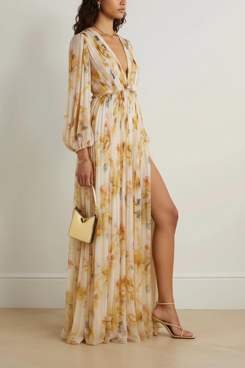Robe Longue Florale Col V Manches Longues Plissées Fente Haute | Été Élégante | ROBEMODE