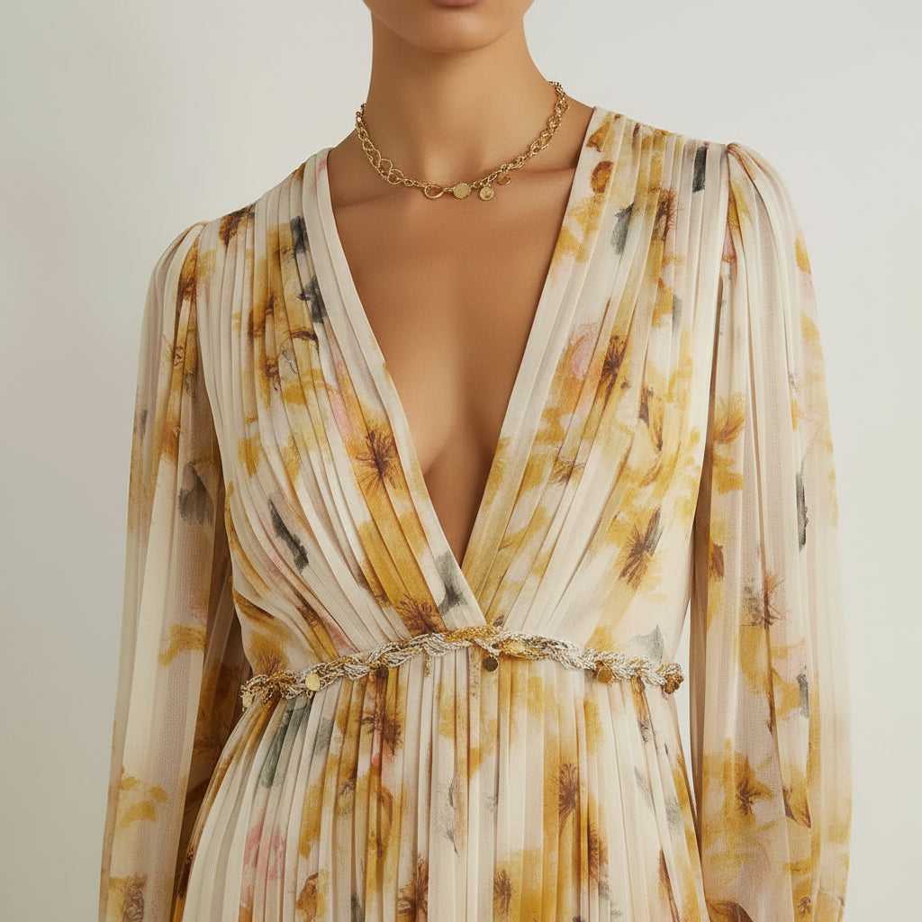 Robe Longue Florale Col V Manches Longues Plissées Fente Haute | Été Élégante | ROBEMODE