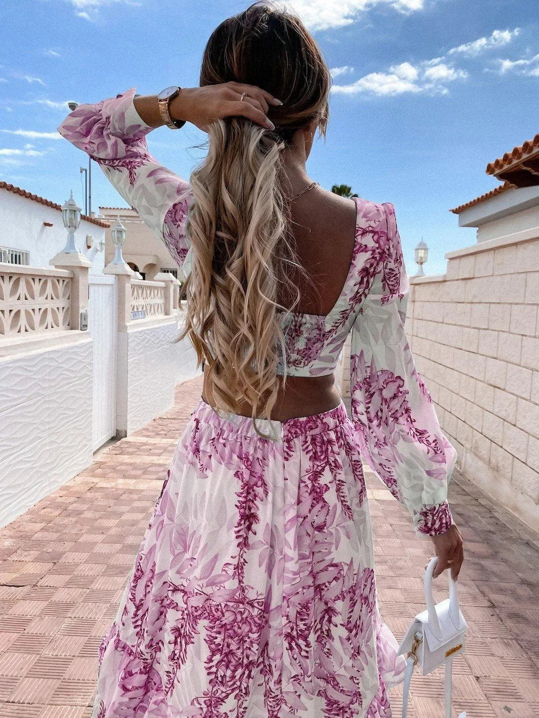 Robe longue femme florale manches longues col V découpe | Coupe féminine + Style élégant + Facile à accessoiriser – ROBEMODE