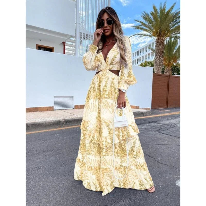 Robe longue femme florale manches longues col V découpe | Coupe féminine + Style élégant + Facile à accessoiriser – ROBEMODE