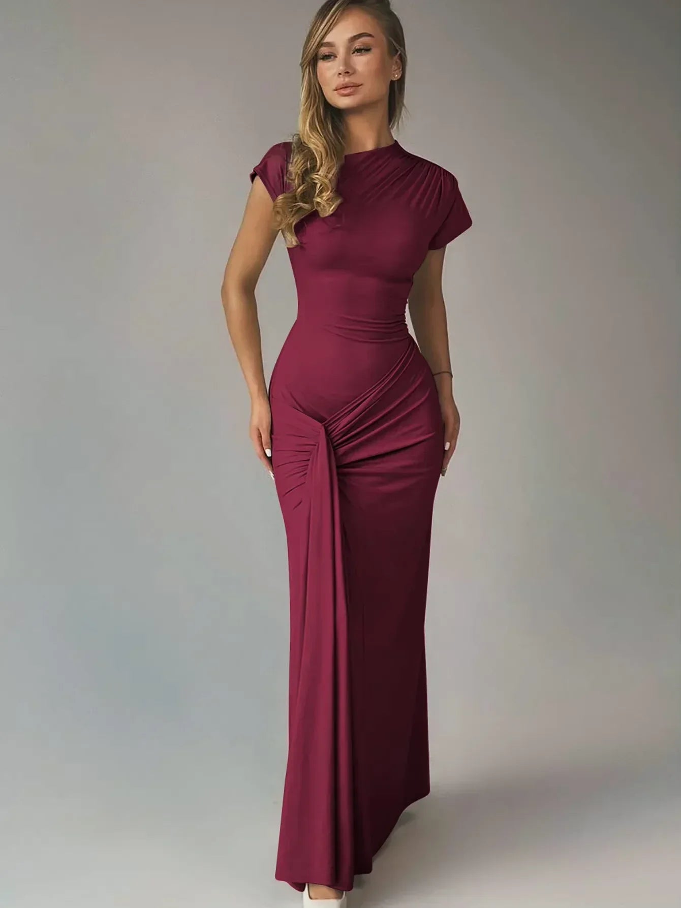Robe longue fluide femme froncée manches courtes soirée | ROBEMODE