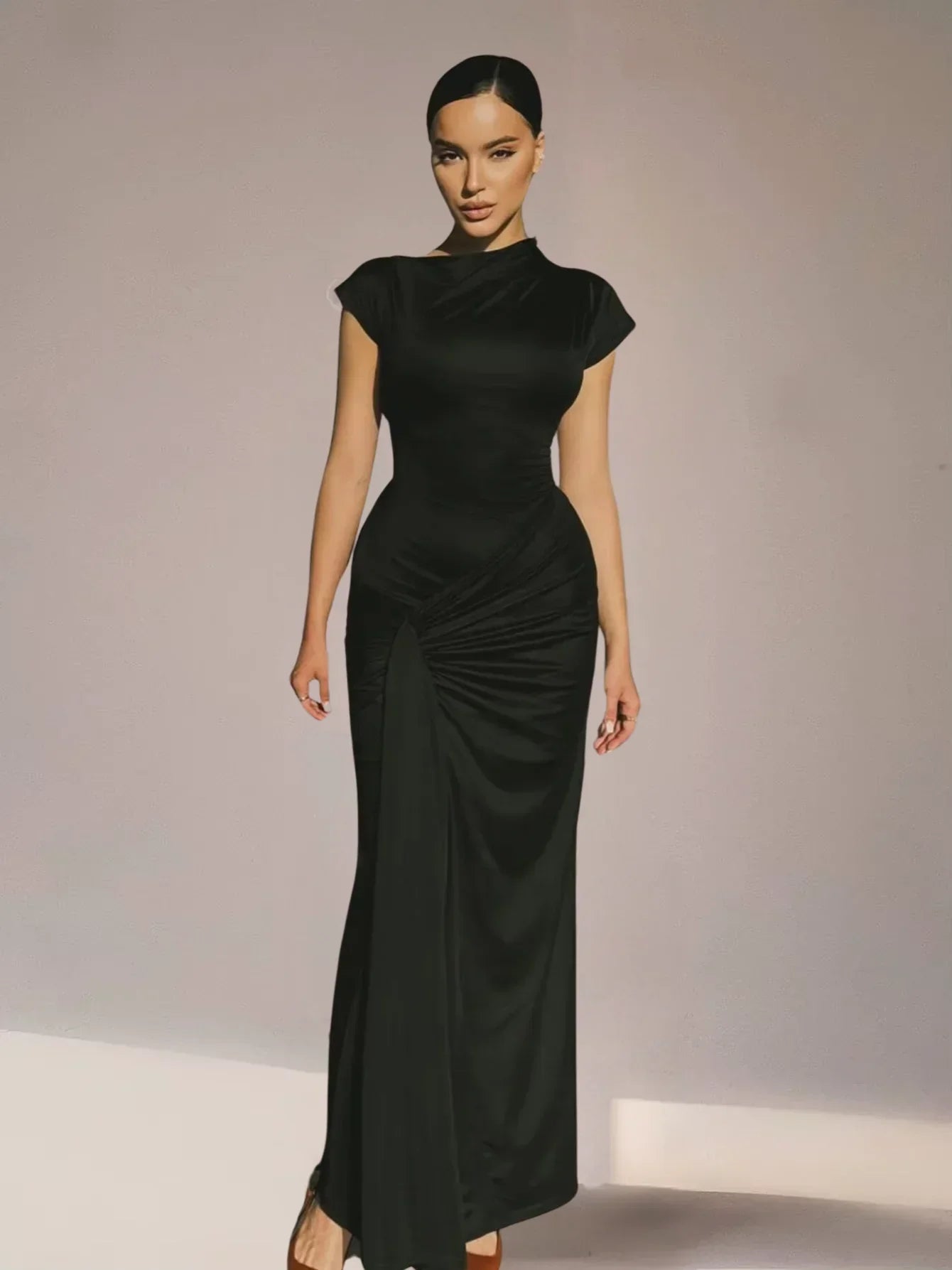 Robe longue fluide femme froncée manches courtes soirée | ROBEMODE