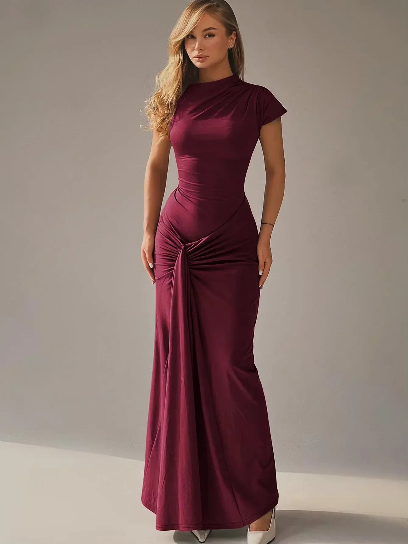 Robe longue fluide femme froncée manches courtes soirée | ROBEMODE