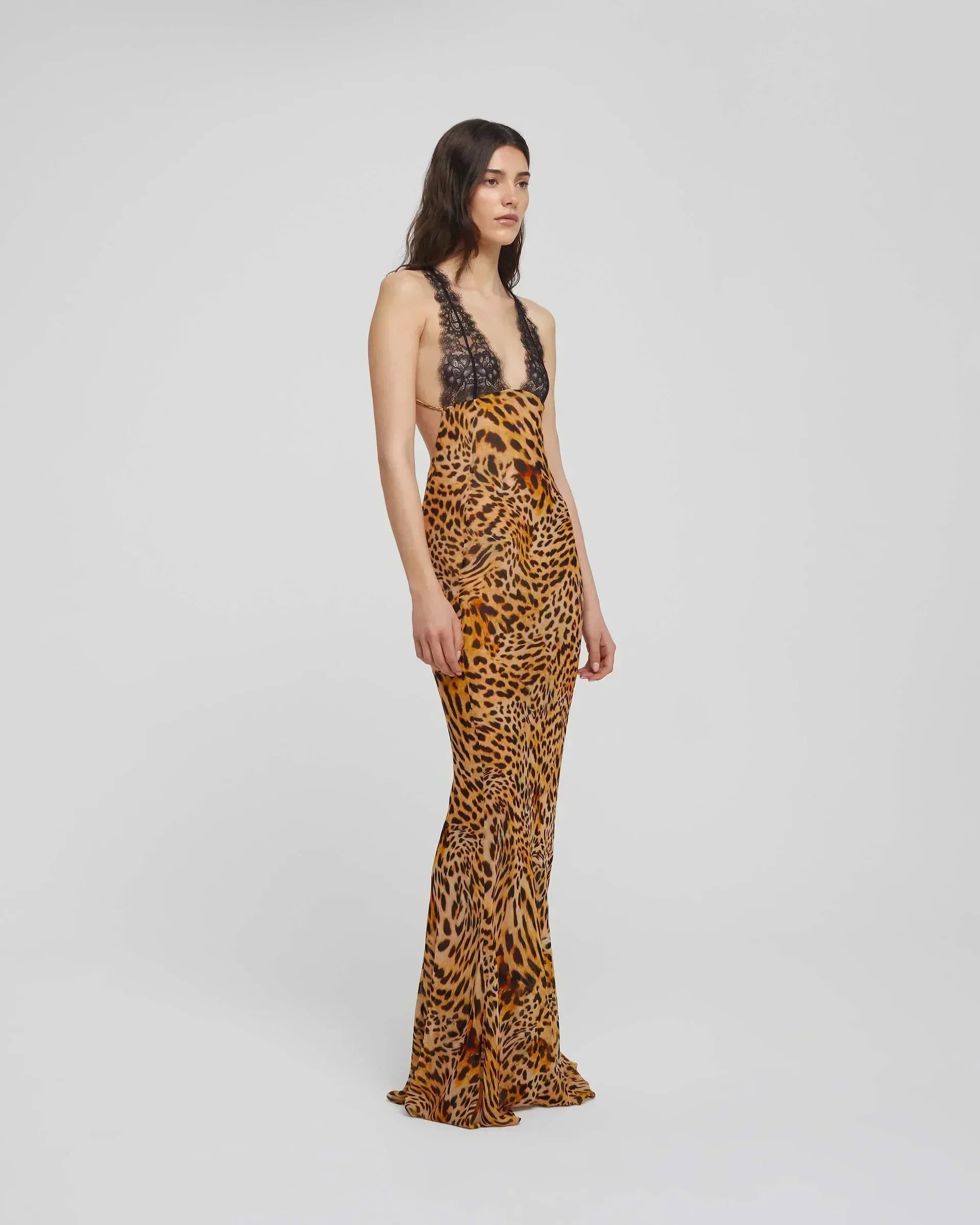 Robe longue soirée léopard dentelle et bretelles fines | ROBEMODE