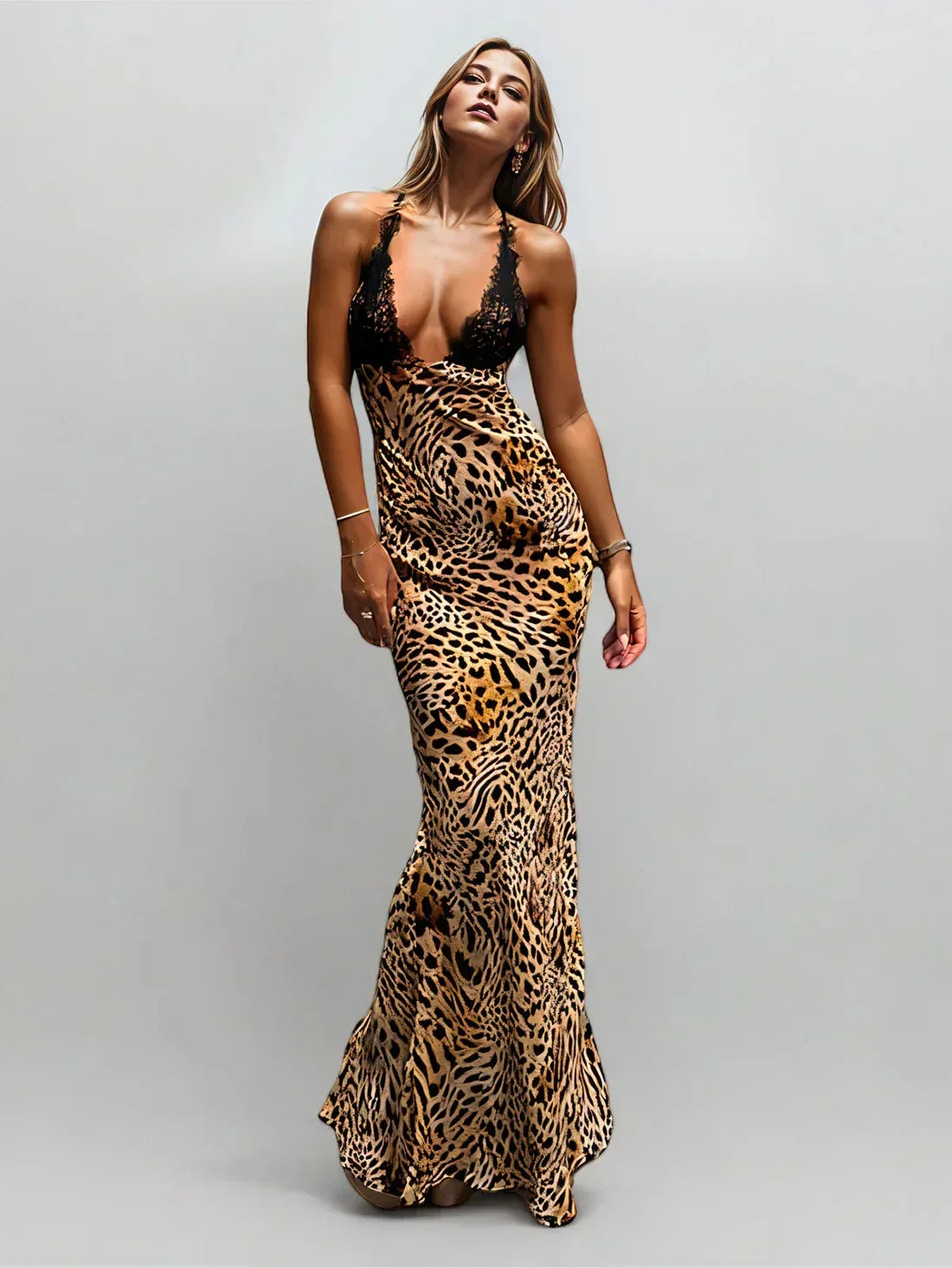 Robe longue soirée léopard dentelle et bretelles fines | ROBEMODE