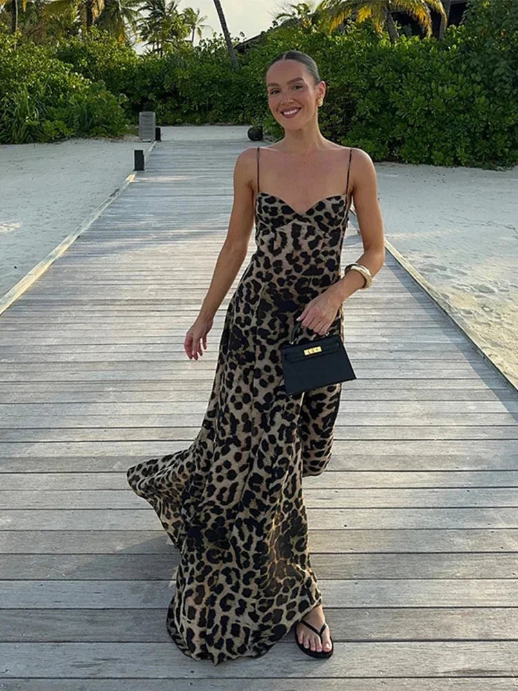 Robe Longue Femme Léopard Bretelles Fines Fluide Soirée | ROBEMODE